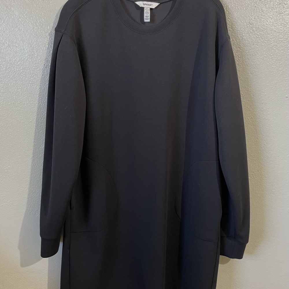 Spanx Oversized Sporty Black Longsleeve Ponte Dress L Pocket Stretch Minimalist